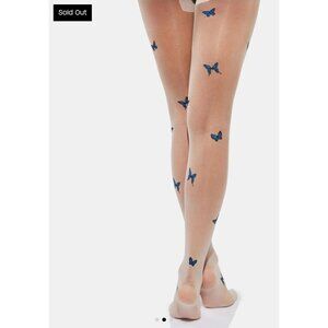 Sheer Tights – Beige w/ Blue Butterfly Print – Nature-Inspired Festival Hosiery